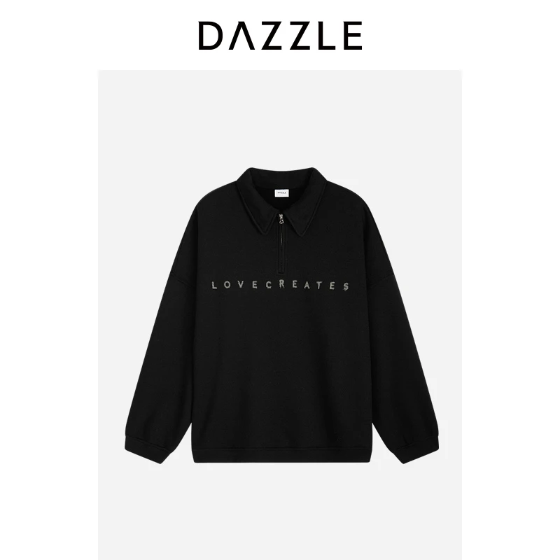 DAZZLE 地素奥莱卫衣冬季黑色绵羊毛混纺印花烫钻卫衣2I4J112