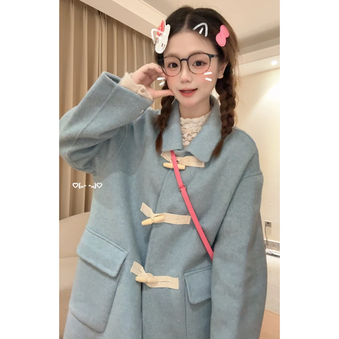 【玛德琳】25年新款木头扣小个子中长款双面羊毛呢大衣外套女装