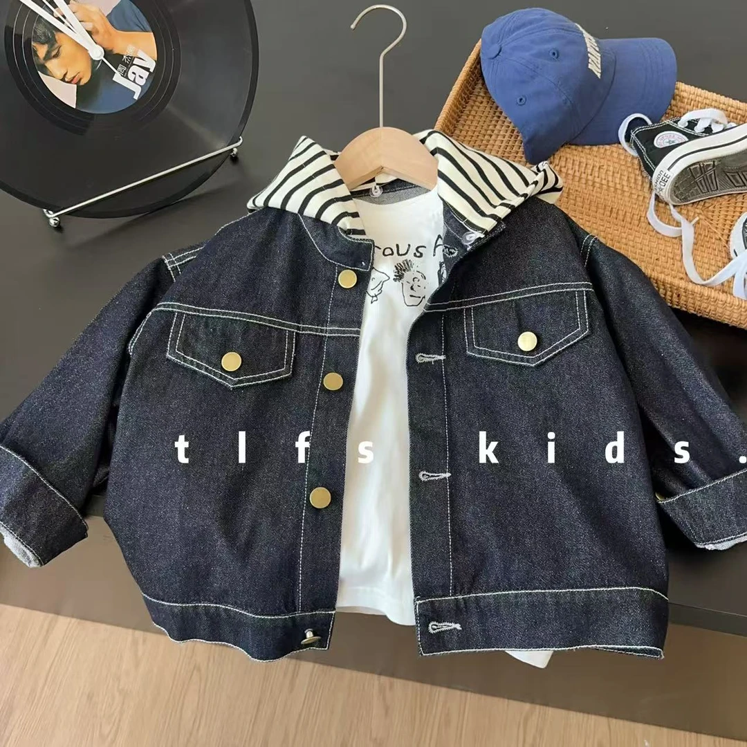 童例「25133条纹连帽牛仔外套」春季儿童休闲百搭韩版潮流男童女童