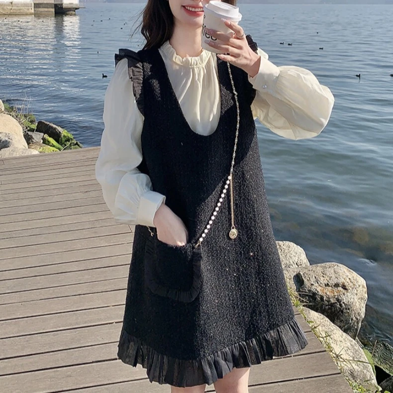 名媛小香风套装裙女2025春秋新款法式长袖衬衫木耳边背心裙两件套