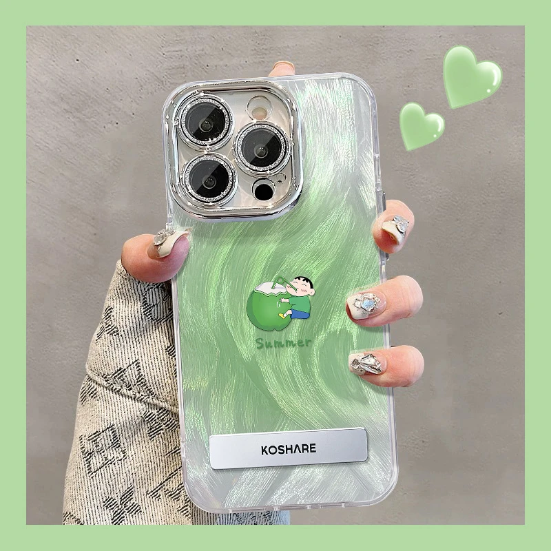 适用苹果15羽纱手机壳iphone14小新夏天西瓜支架13闪粉镜头膜12女