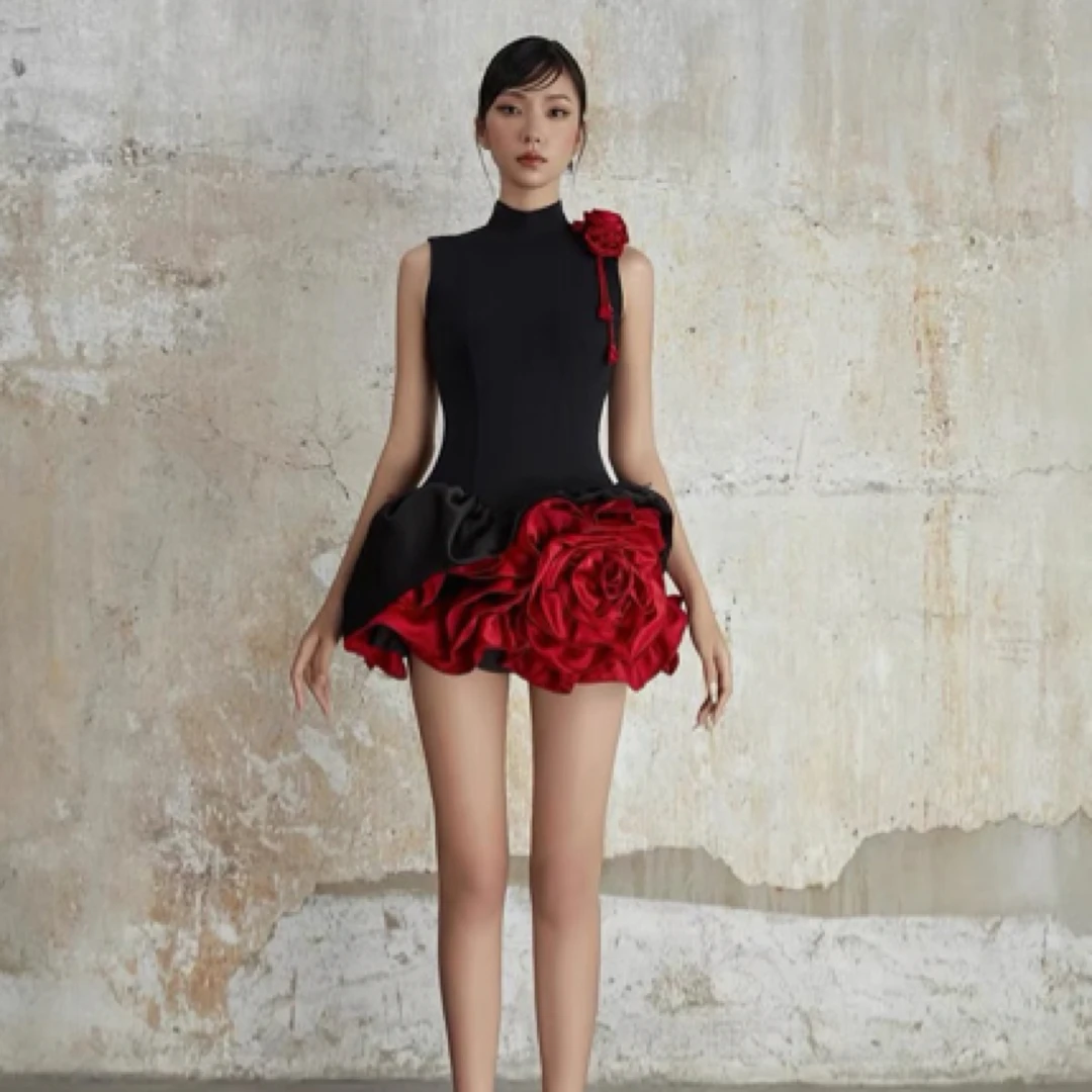 小众设计师时尚复古半高领假两件夏季女装连衣裙