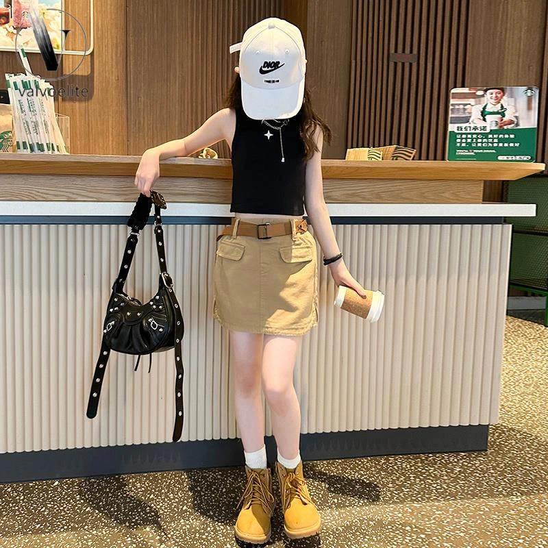 VALVOELITE女童背心短裤套装夏季新款儿童裤子网红炸街女孩大童工