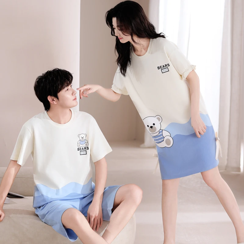 情侣睡衣夏款纯棉短袖睡裙女卡通可爱超萌宽松男流行款家居服套装
