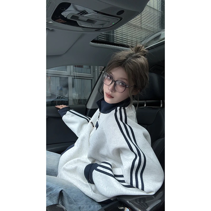 美式学院风卫衣外套男女秋季撞色拼接潮流百搭青少年条纹立领夹克