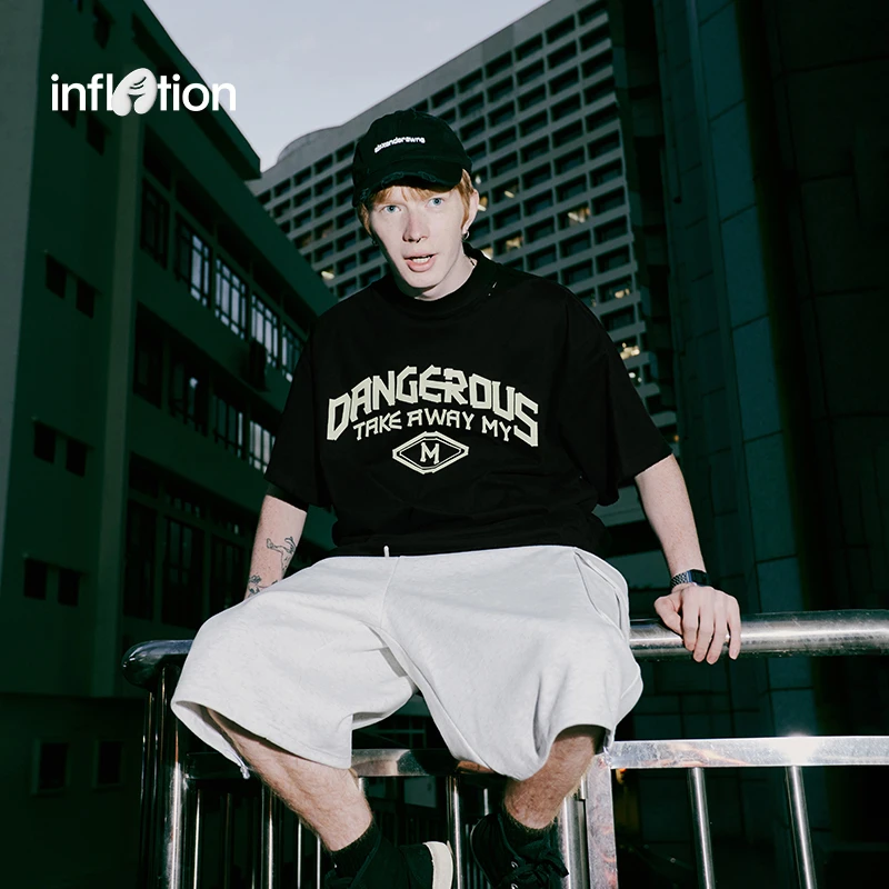 膨胀潮牌磨毛宽版小高领仿胶布印花T恤做旧春夏新品潮牌街头短袖