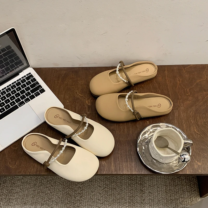 仙女风晚晚风平底包头半拖鞋女懒人软底复古玛丽珍法式珍珠半拖鞋