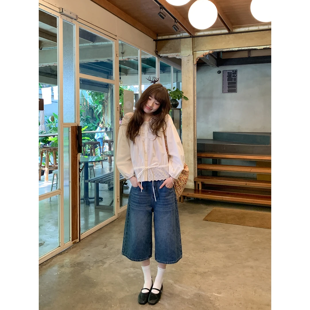 你好卡农 复古洗水牛仔中裤女夏小个子宽松直筒阔腿裤KN25Z5966D