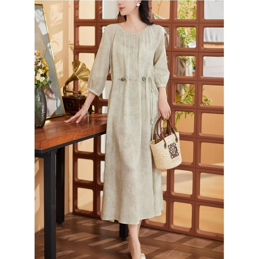 清爽透气莱赛尔 国风晕染 气质收腰显瘦中长款七分袖连衣裙女25夏