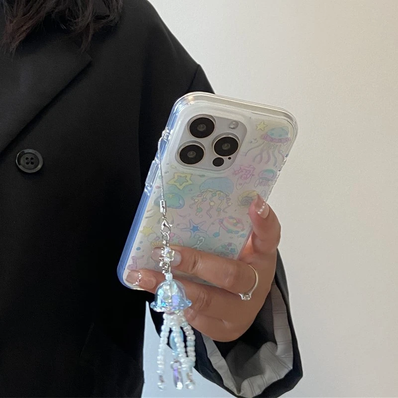 彩色水母挂坠适用苹果16Promax手机壳适用苹果15Pro双层新款14Pro