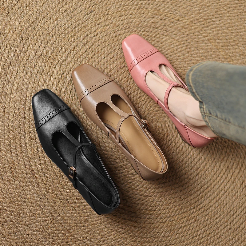 2.5CM水洗牛皮法式复古真皮方头单鞋女2025年新款粗跟粉色小皮鞋