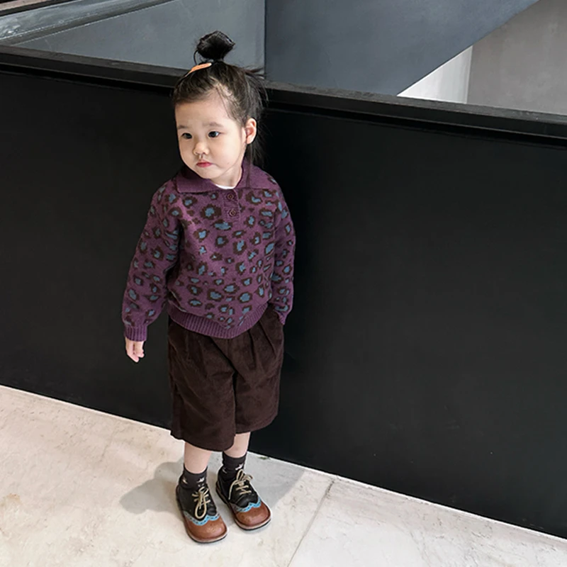 壹妈童装复古女童紫色豹纹针织衫秋冬韩版儿童时髦洋气翻领毛衣衫