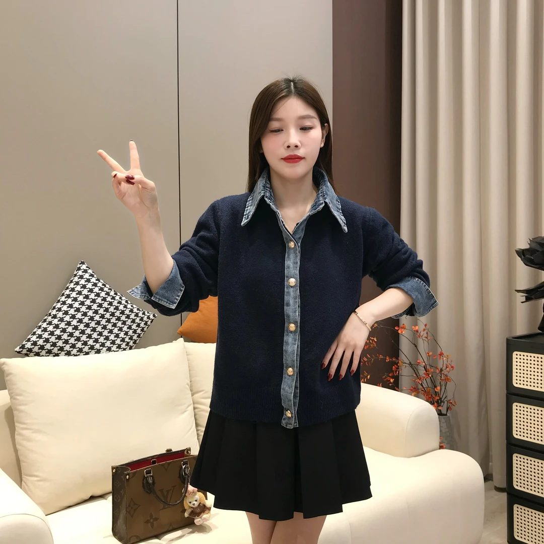 韩版牛仔拼接针织衫外套女秋季2025新款宽松气质减龄百搭毛衣开衫