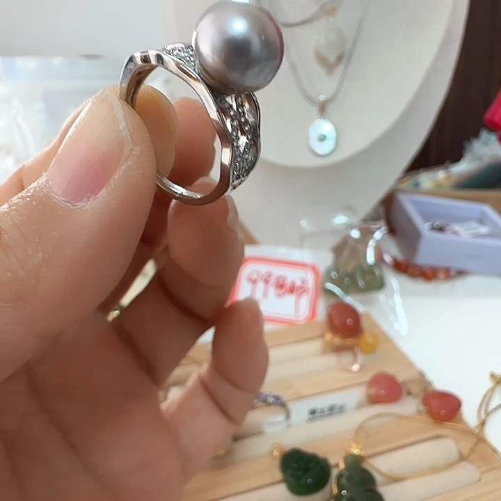 银S925镶嵌海水珍珠戒圈10左右铂金灰极光不是正圆正常纹