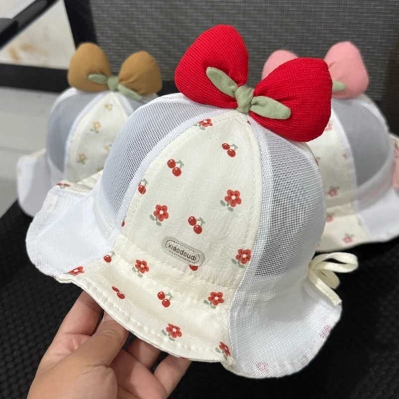 女宝宝帽子夏季薄款甜美蝴蝶结渔夫帽女童小月龄遮阳透气网眼盆帽