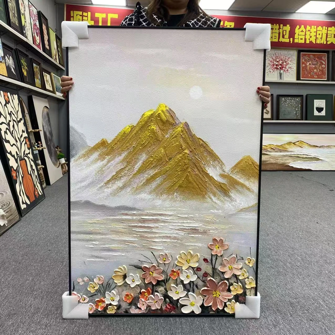 砂岩【金山绿水】现代轻奢客厅背景墙抽象油画玄关挂画80120