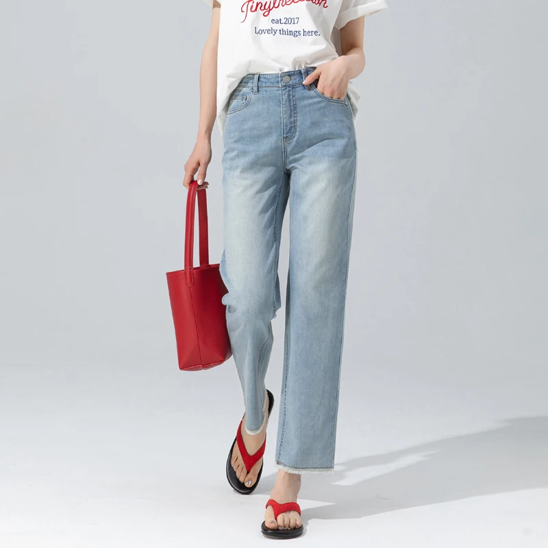 九分直筒裤女2025新款浅色牛仔裤女夏季薄款窄版烟管裤毛边法棍裤
