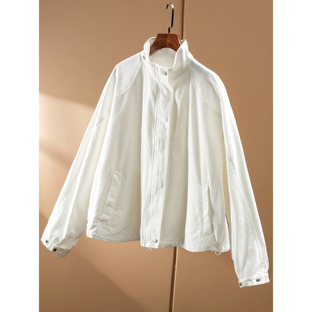 春天家 简约白牛仔 法柜设计师宽松立领100棉夹克外套女22J7