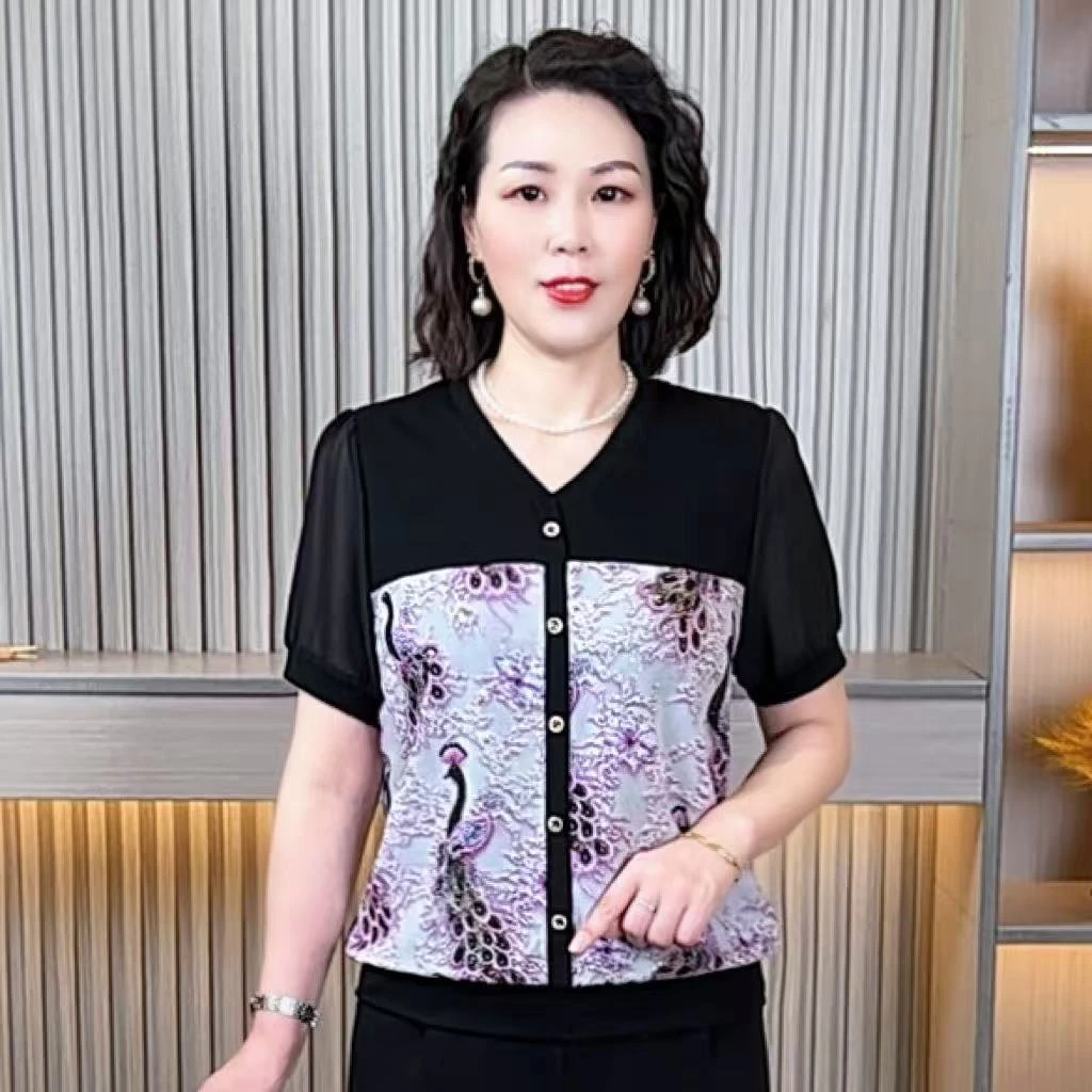 妈妈装夏季短袖国风新款时尚气质V领大码母亲节洋气衣服宽松显瘦