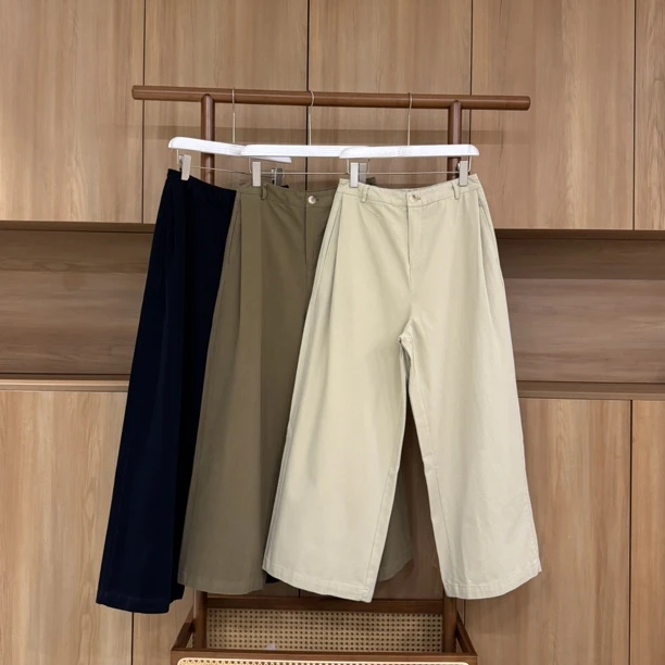 2025秋季新款棉阔腿裤半松紧腰显瘦百搭长裤九分裤