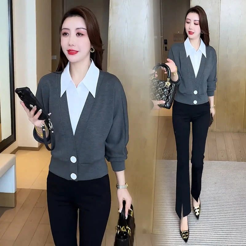 【48小时发货】时尚假两件衬衫女2025春季新款洋气百搭减龄显瘦上衣