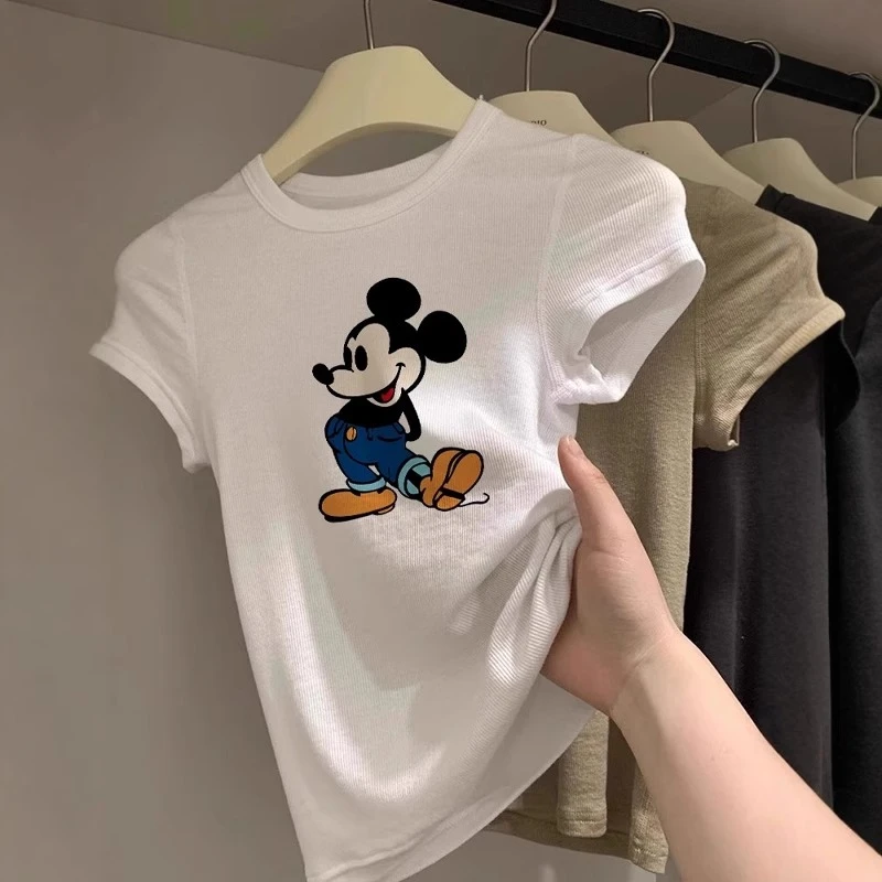2025新款短袖t恤女款夏季时尚卡通印花圆领修身正肩上衣ins甜辣妹