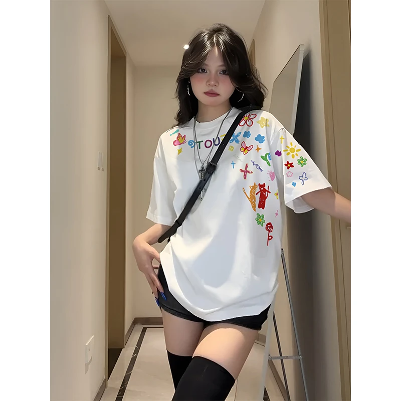复古纯棉夏季休闲短袖t恤女美式潮牌涂鸦花卉慵懒风显瘦上衣