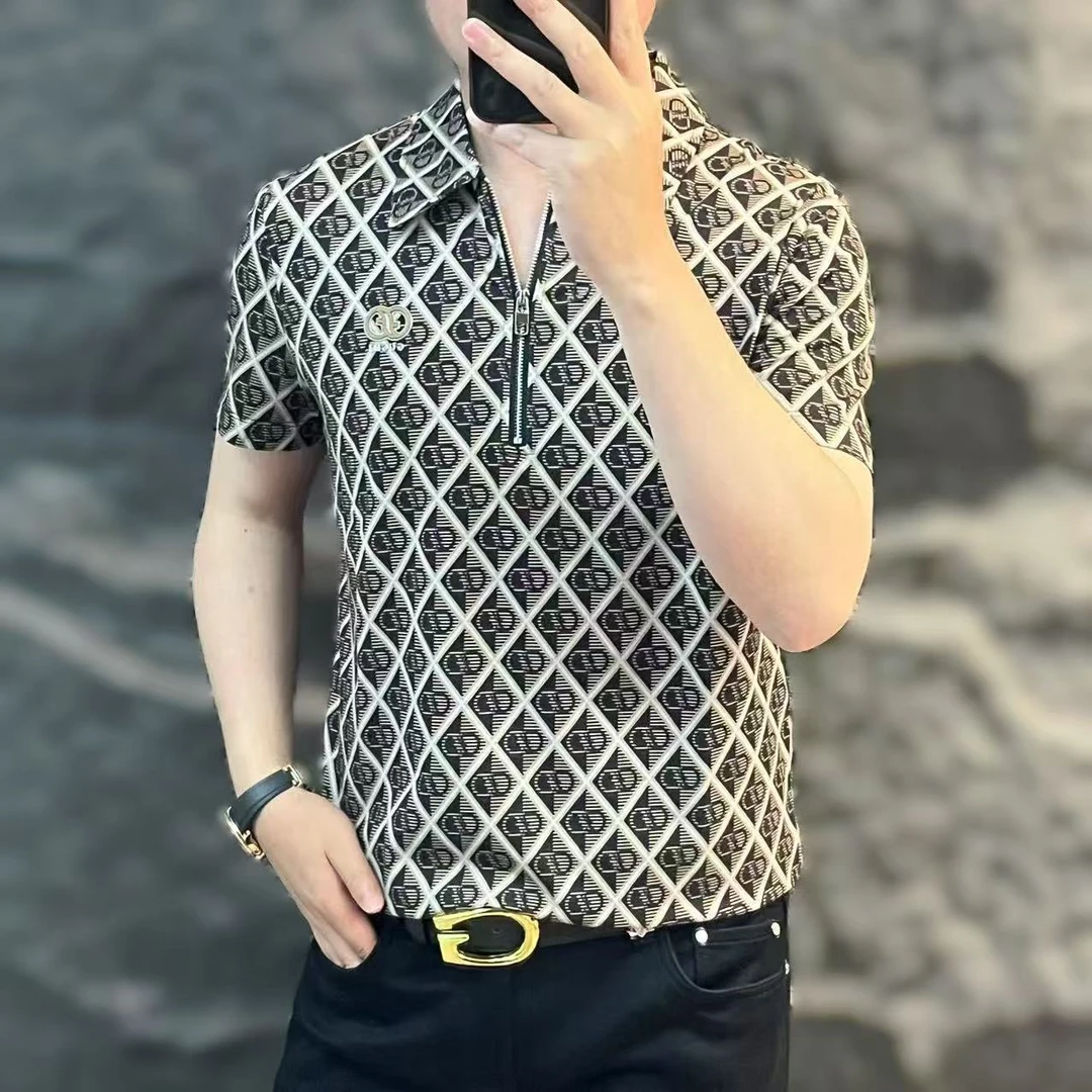 新款高端男士潮流百搭个性胸标印花休闲翻领短袖25100