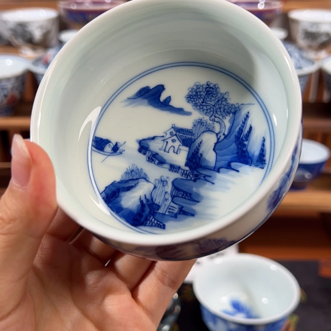 东***讴知冬煮雪手工手绘茶具-青花山水炉式杯