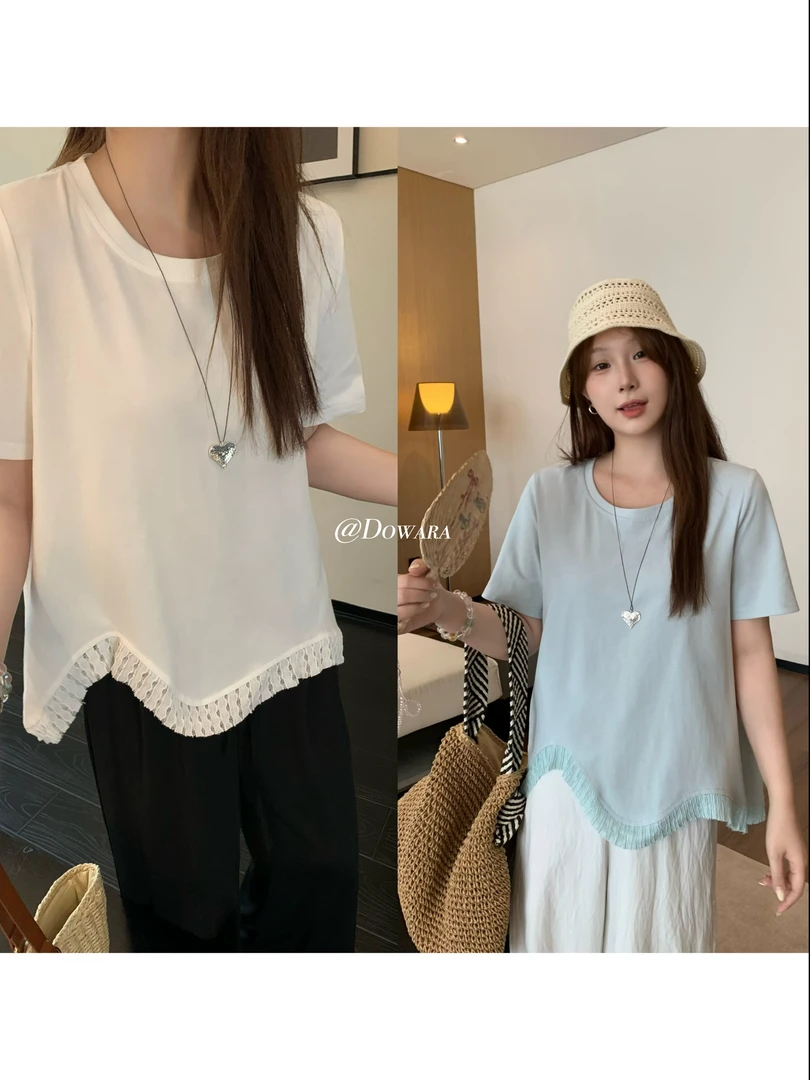 现货8706X大婉酱肉肉微胖定制【曲线蕾丝】拼接休闲蕾丝花边上衣