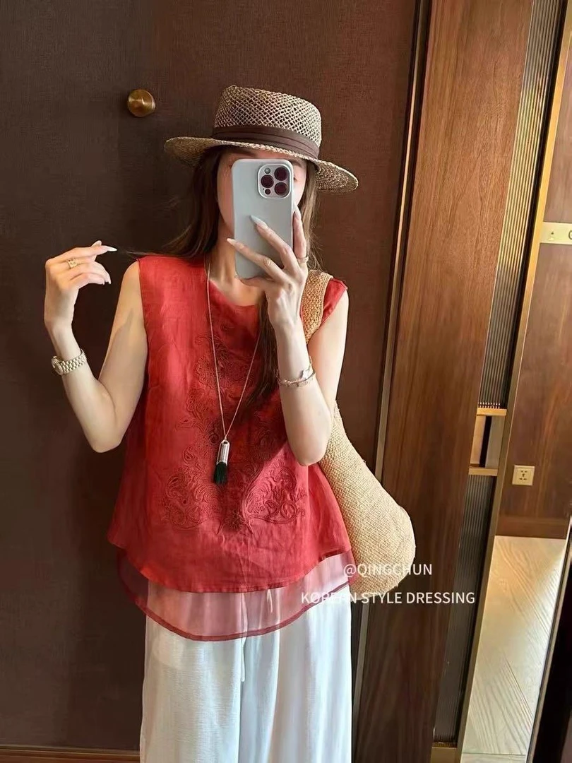 夏季新款国风刺绣圆领衬衫39027