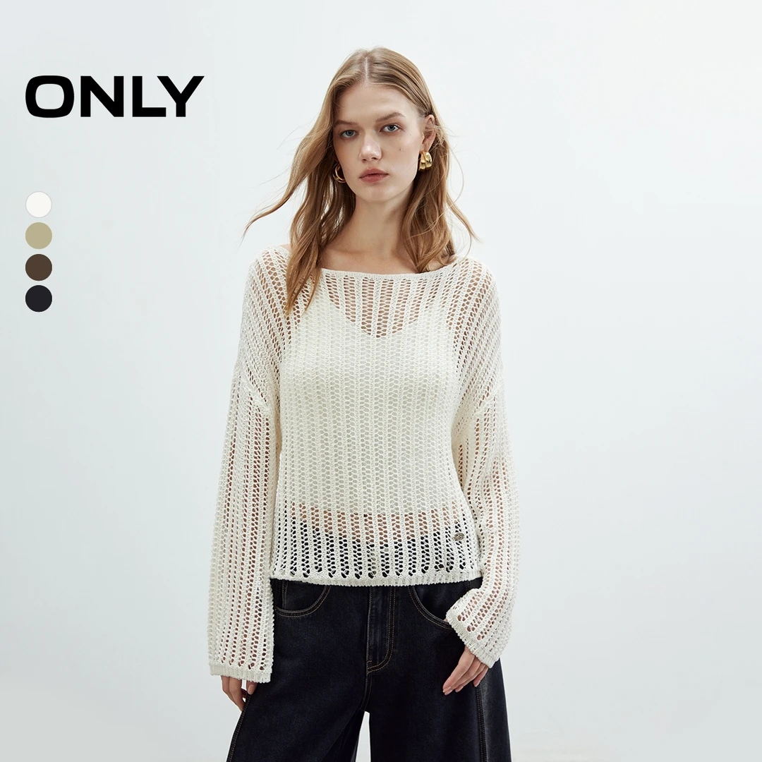 ONLY2025秋季新款松弛落肩长袖宽松镂空罩衫针织衫女|125324010