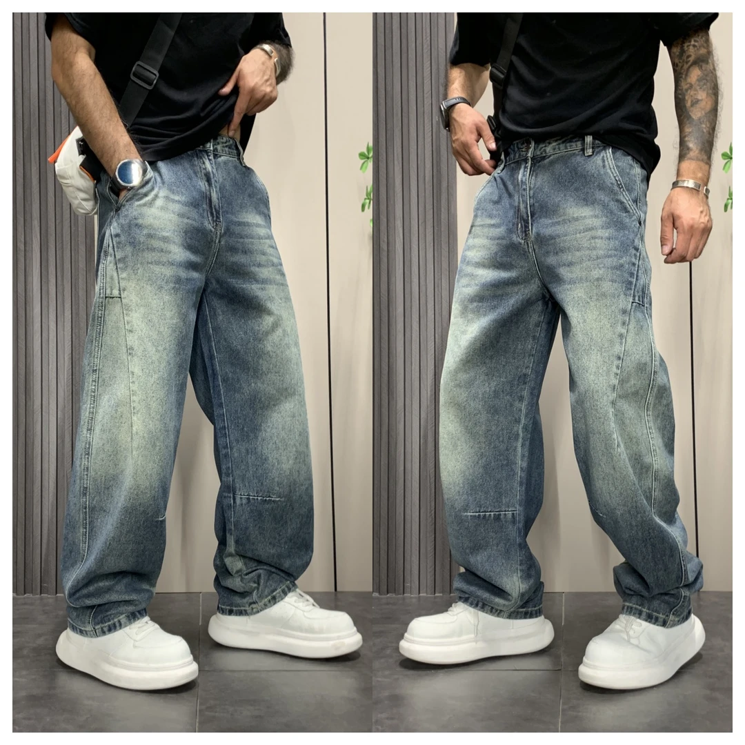 复古潮流牛仔裤男款秋冬季美式直筒宽松裤子痞帅潮牌阔腿休闲长裤