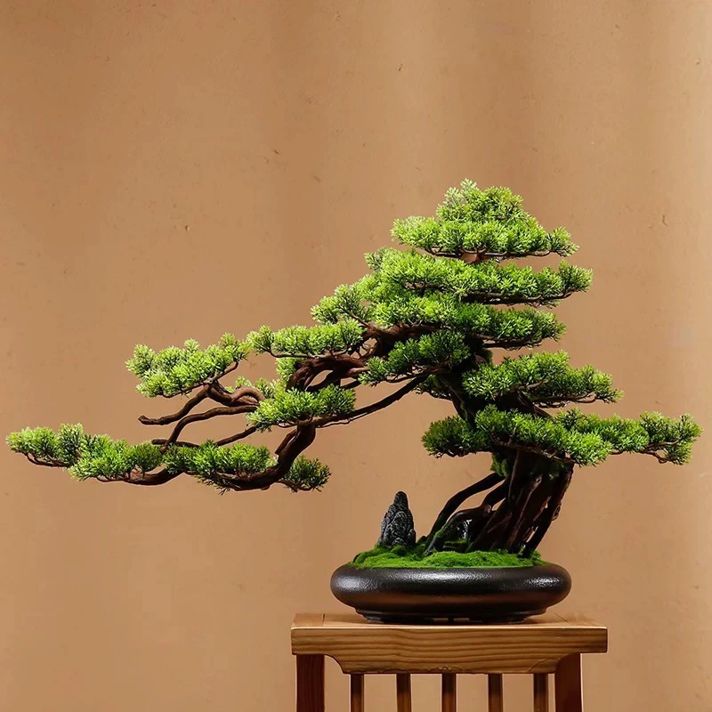 【仿真迎客松】-锦绣江山-崖柏-高度40长度75-直径21公分黑色陶瓷