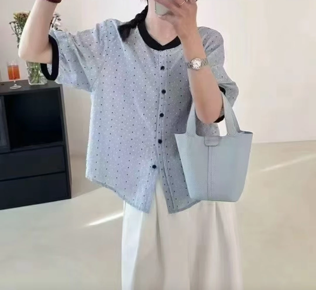 依蔓家推荐夏季时尚圆领波点开衫短袖
