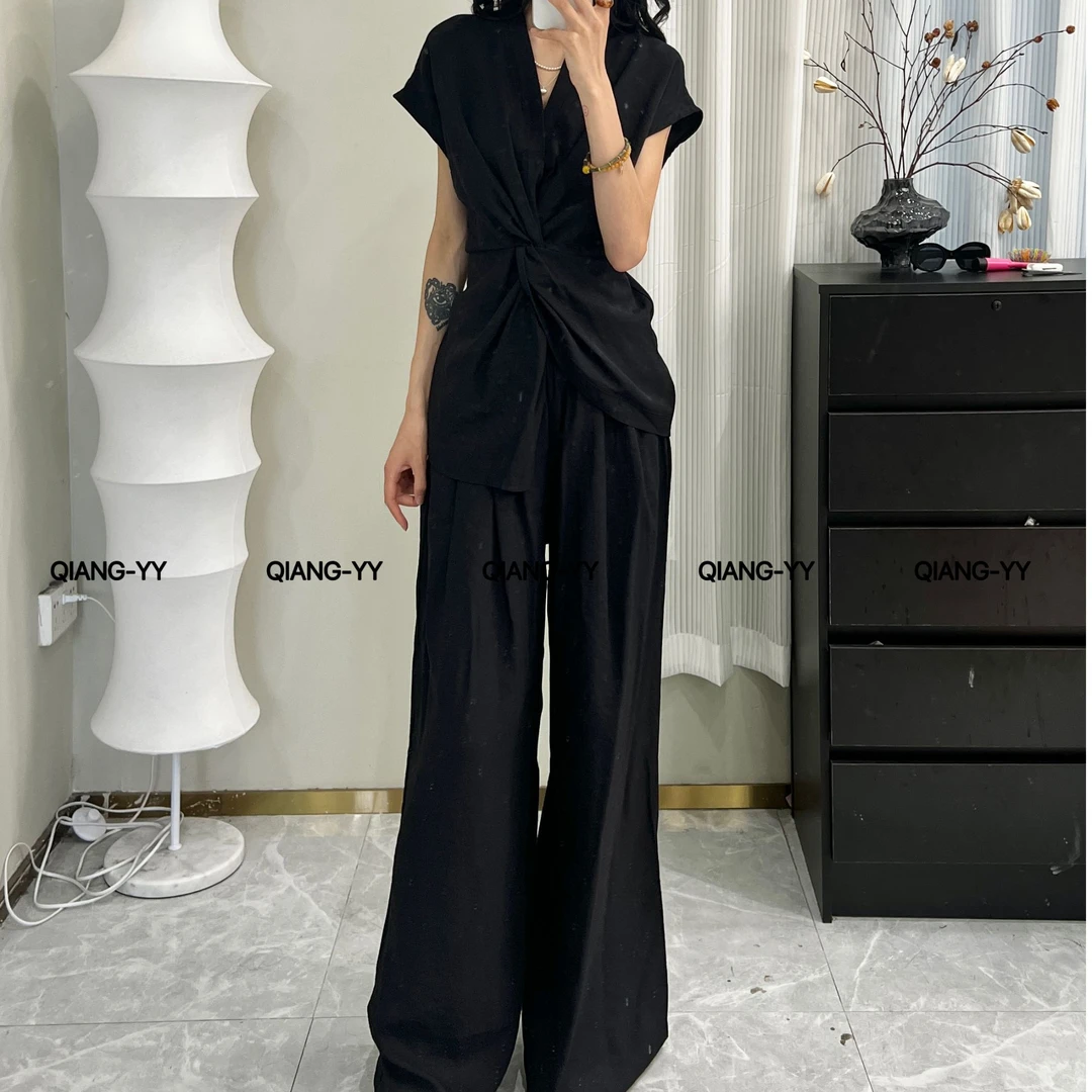 时尚套装高腰夏季短袖显瘦长裤系带时尚收腰套装583