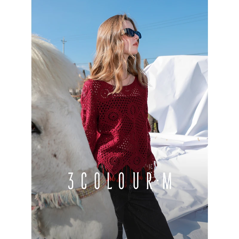 三彩2025春季新款镂空针织衫钩花罩衫圆领宽松氛围感套头M