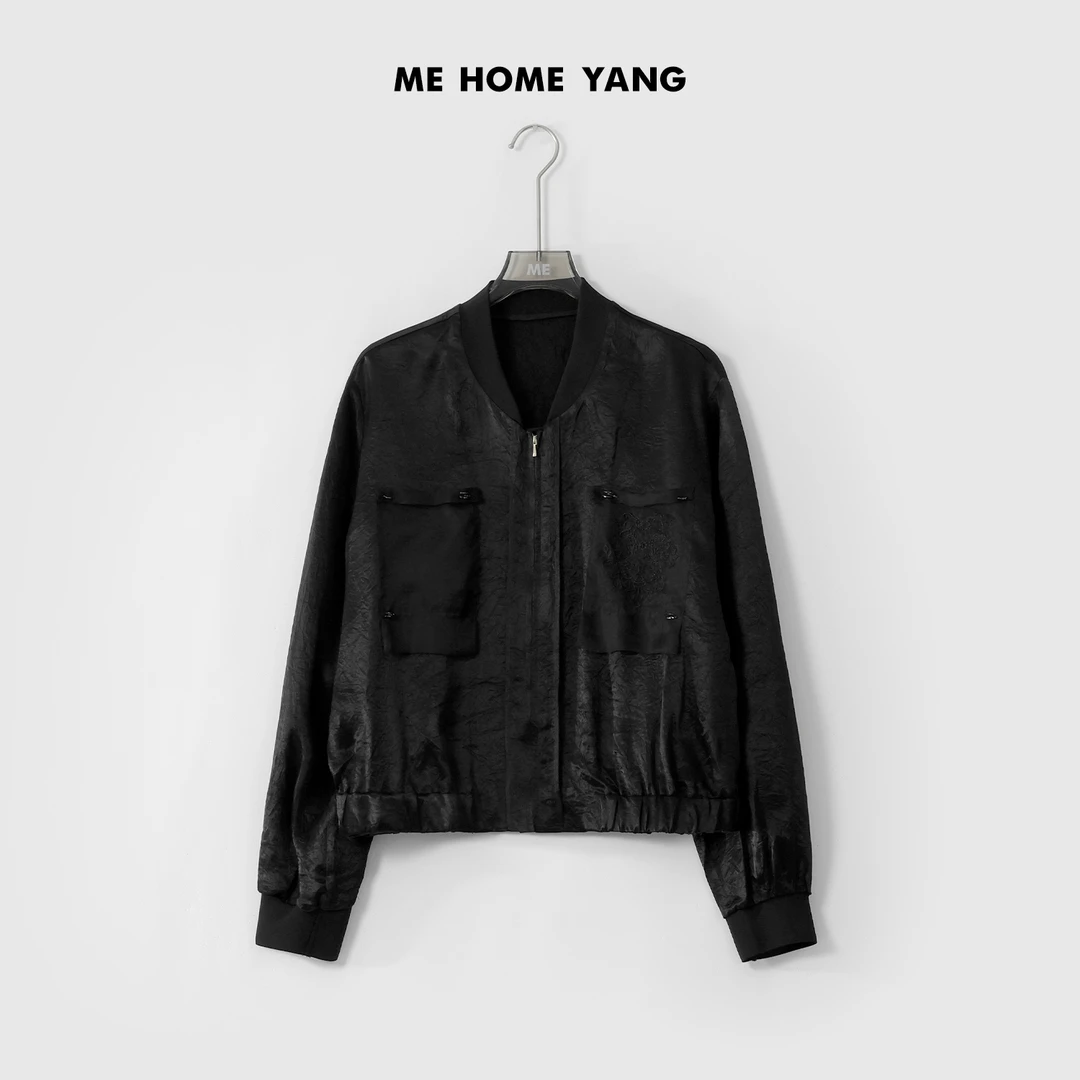 ME【黑曜石醋酸棒球服】100醋纤鎏光缎面自然抓纹时尚外套MESS0602