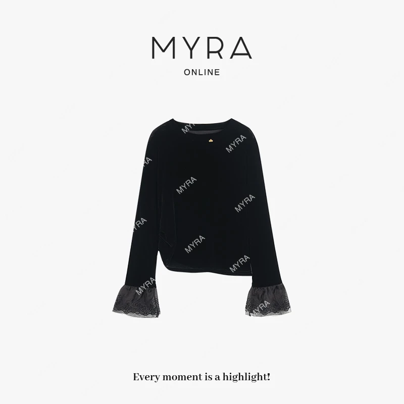 MYRA“露可”100桑蚕丝植绒长袖蕾丝拼接收褶上衣小衫女XMSC025397