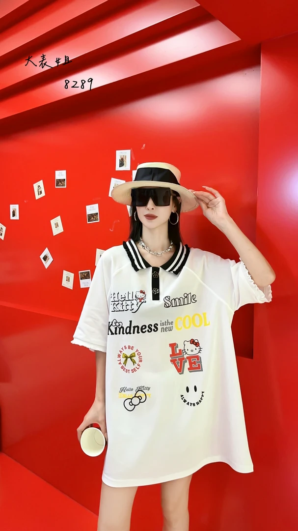 8289中长款洋气减龄polo领短袖t恤女新款大码宽松慵懒风半袖上衣