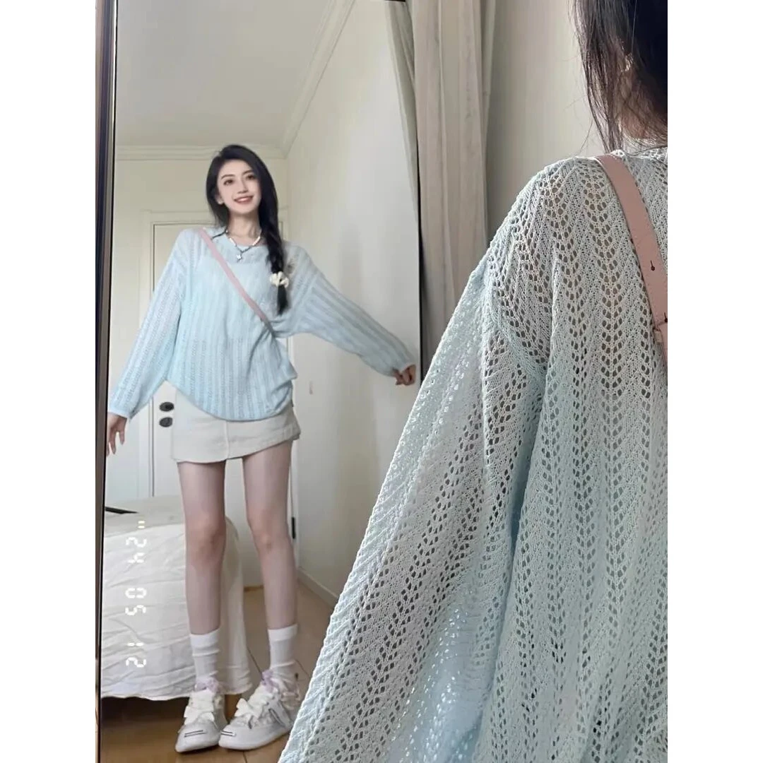 baby蓝防晒长袖两件套针织衫女夏季薄款慵懒风镂空罩衫薄纱上衣