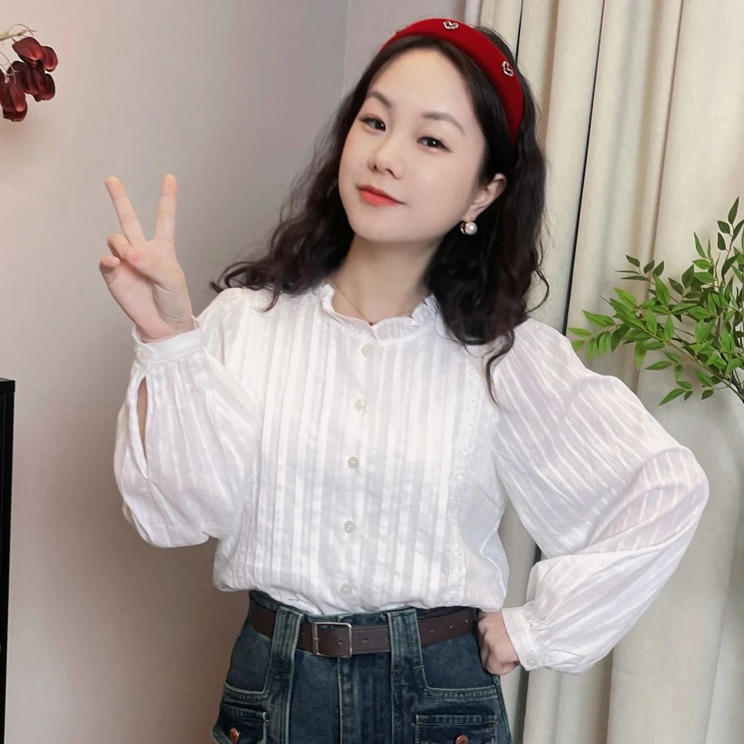 小个子专属定制法式复古白色衬衫设计感木耳边开衫高级感韩系上衣