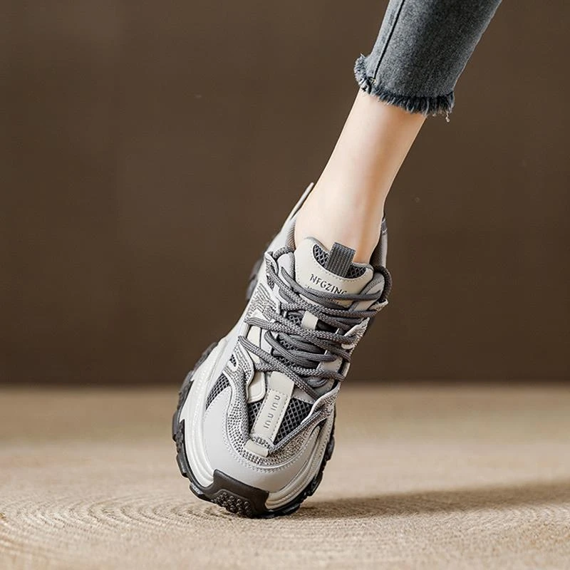 复古2025新款带钻灰色老爹鞋增高厚底松糕鞋女鞋春季运动鞋透气
