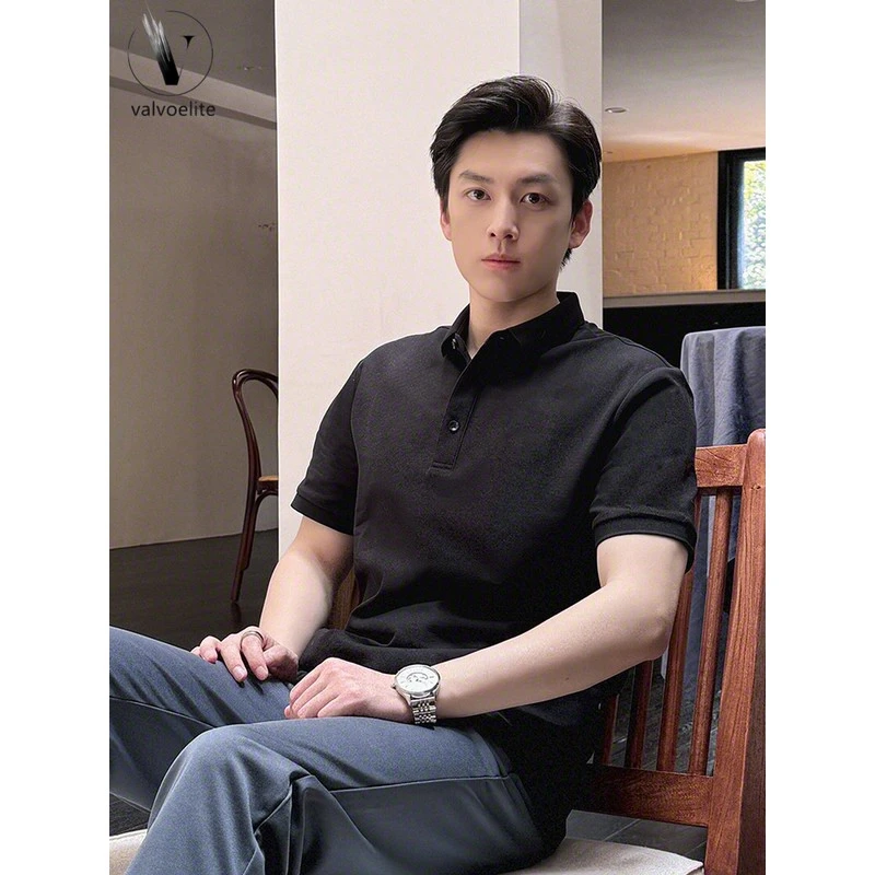 VALVOELITE黑色衬衣领衫男士英伦雅痞风行政高品质短袖潮牌夏季上