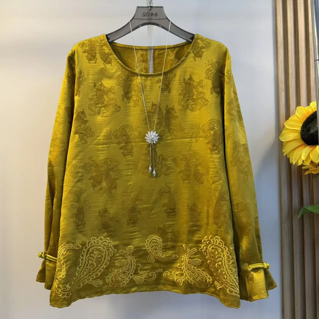 新中式大码女装2025秋季新款国潮风锦缎提花盘扣长袖衬衫显瘦上衣