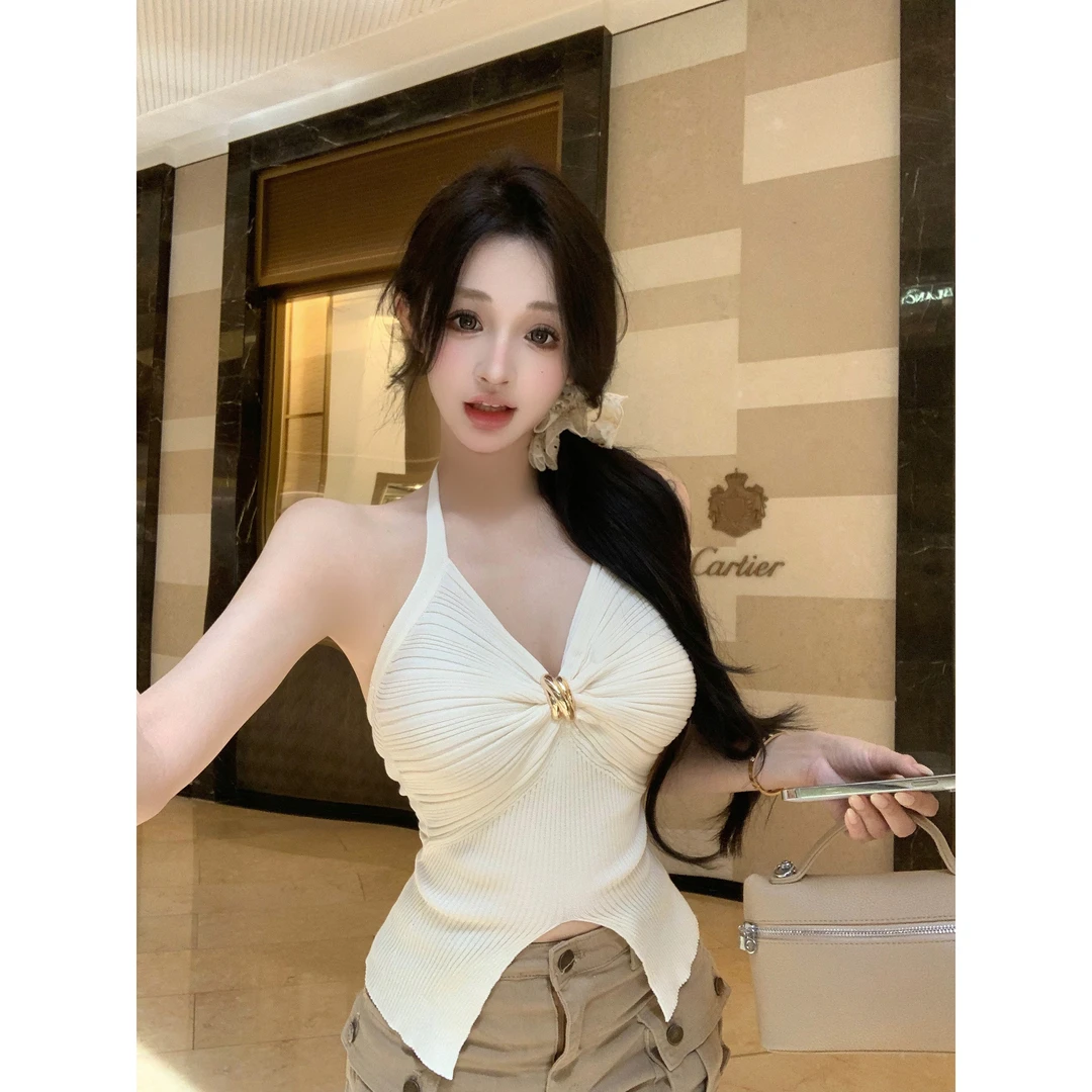 夏季新款法式复古辣妹性感纯欲修身捏褶v领系带挂脖背心吊带上衣