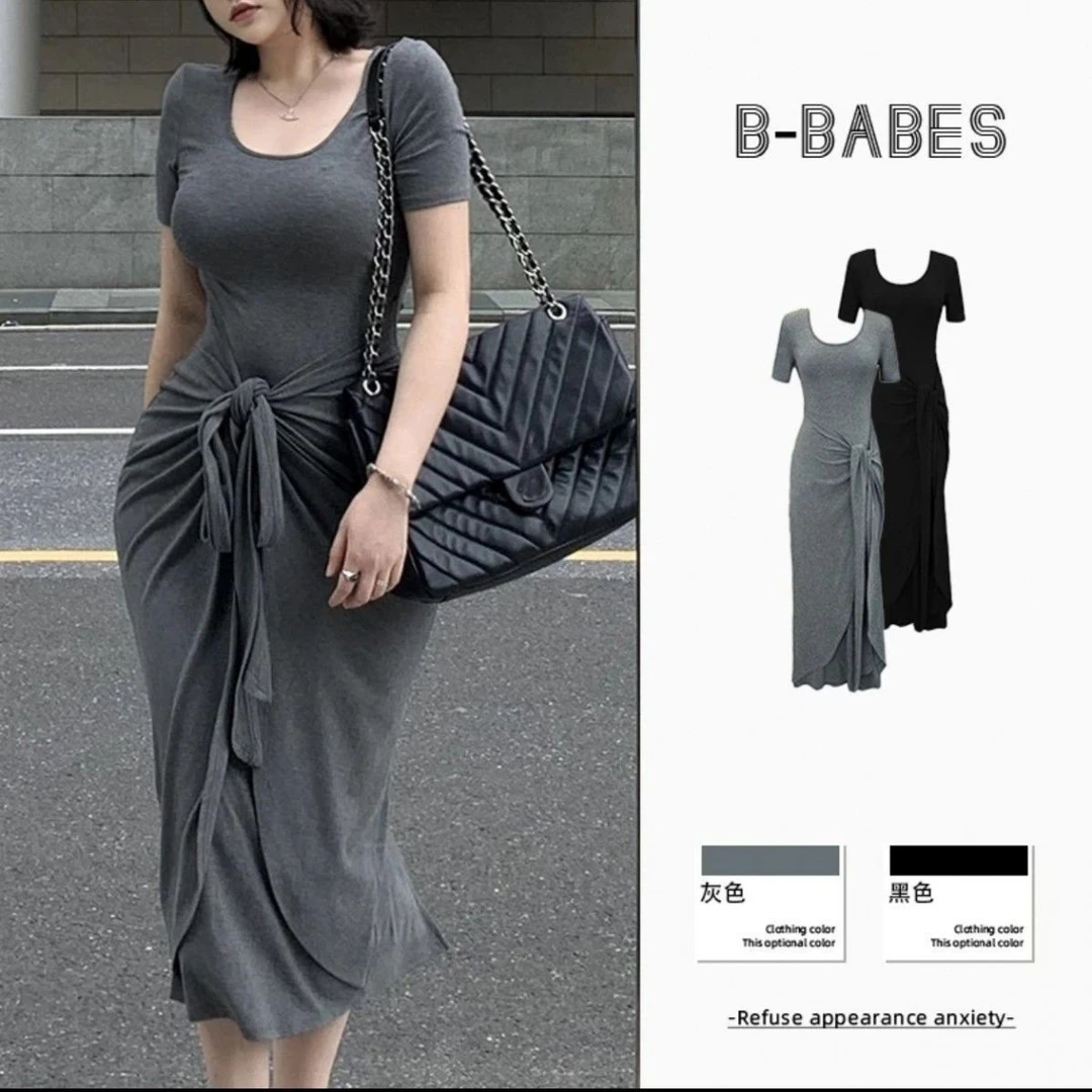 遮肉大码微胖mm韩系夏季两件绑带短袖连衣裙收腰气质裙子