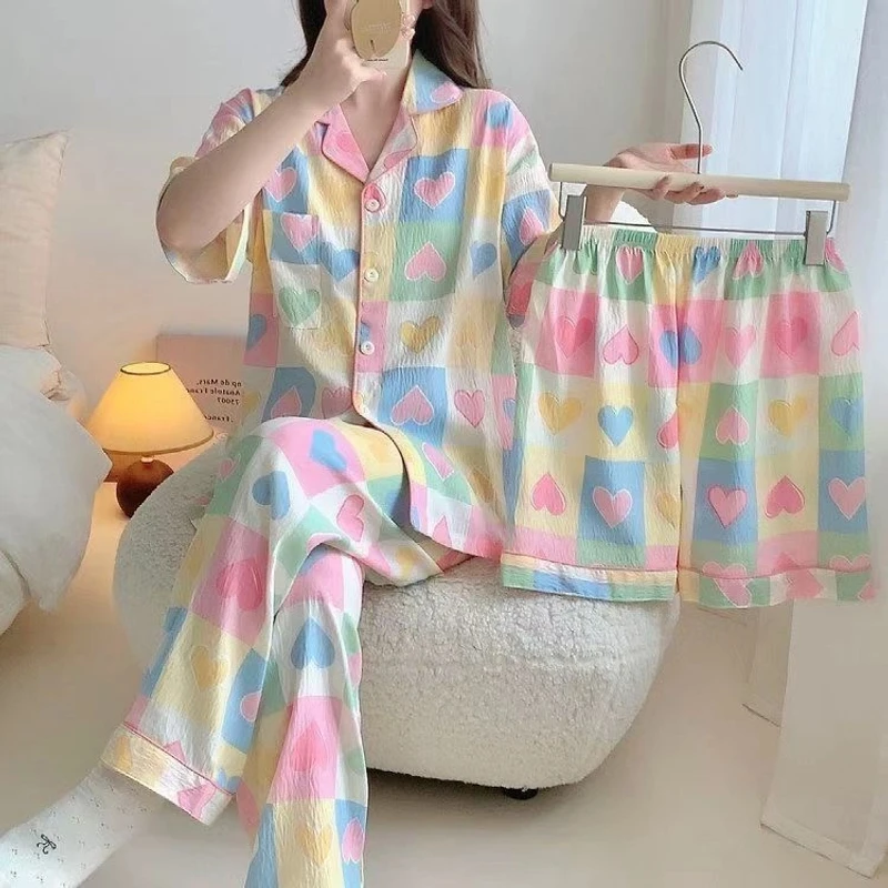 睡衣女夏季2025年新款多巴胺爱心小香风三件套家居服夏天薄款套装