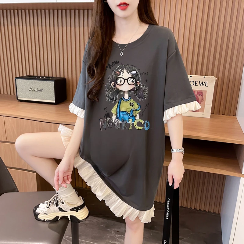 超仙蕾丝短袖T恤女夏季韩版宽松时尚百搭中长款卡通纯棉体恤裙ins