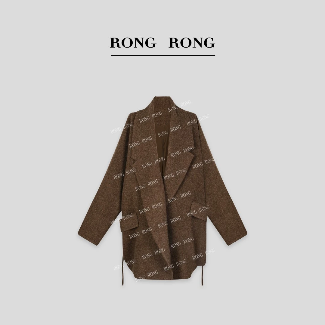 溶溶【巴黎假日】RONGRONG 100绵羊毛大翻领深V收腰呢大衣20245-100